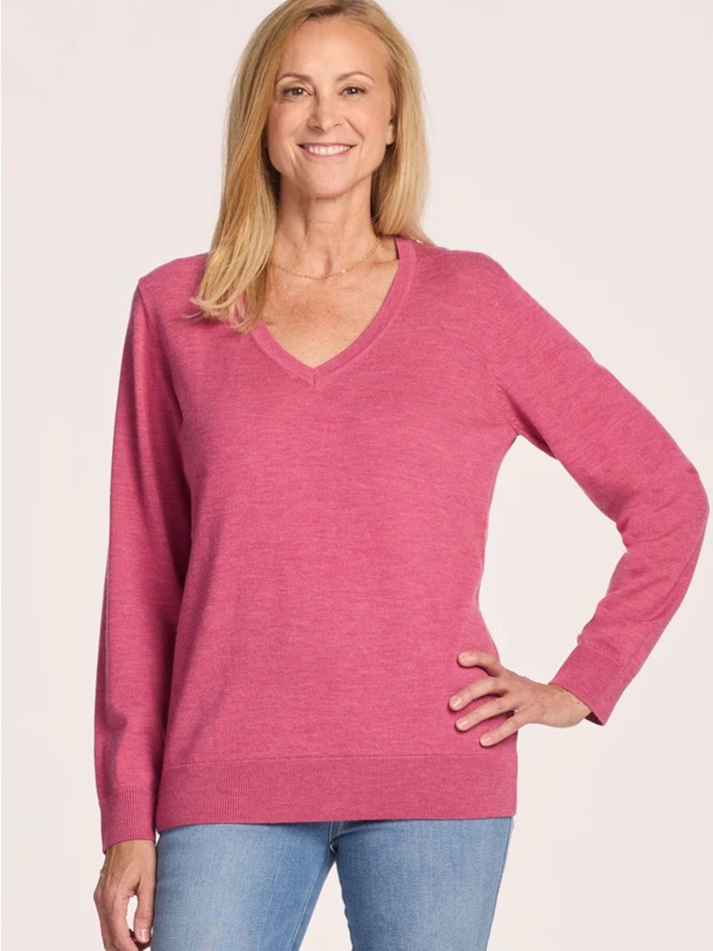 Women's V‑Neck Sweater in Rose Pink